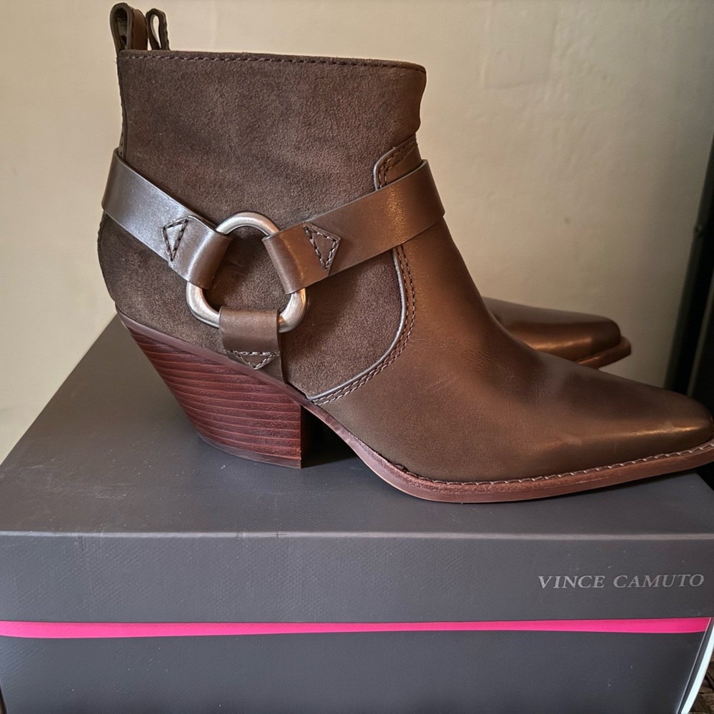 Vince Camuto Brown Leather Ankle Booties with Harness Detail